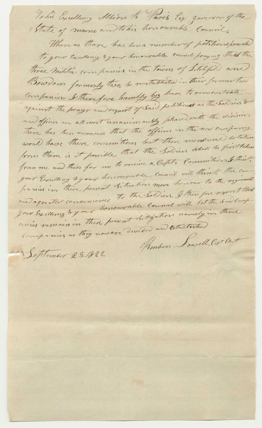 Miniature of Reuben Lowell Remonstrance Against Returning the Militias of Litchfield and Bowdoin to their Former Arrangement