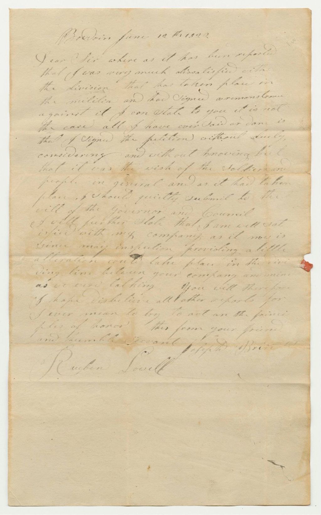 Miniature of Letter from Joseph Brire to Reuben Lowell Regarding the New Arrangement of the Militia in Litchfield and Bowdoin