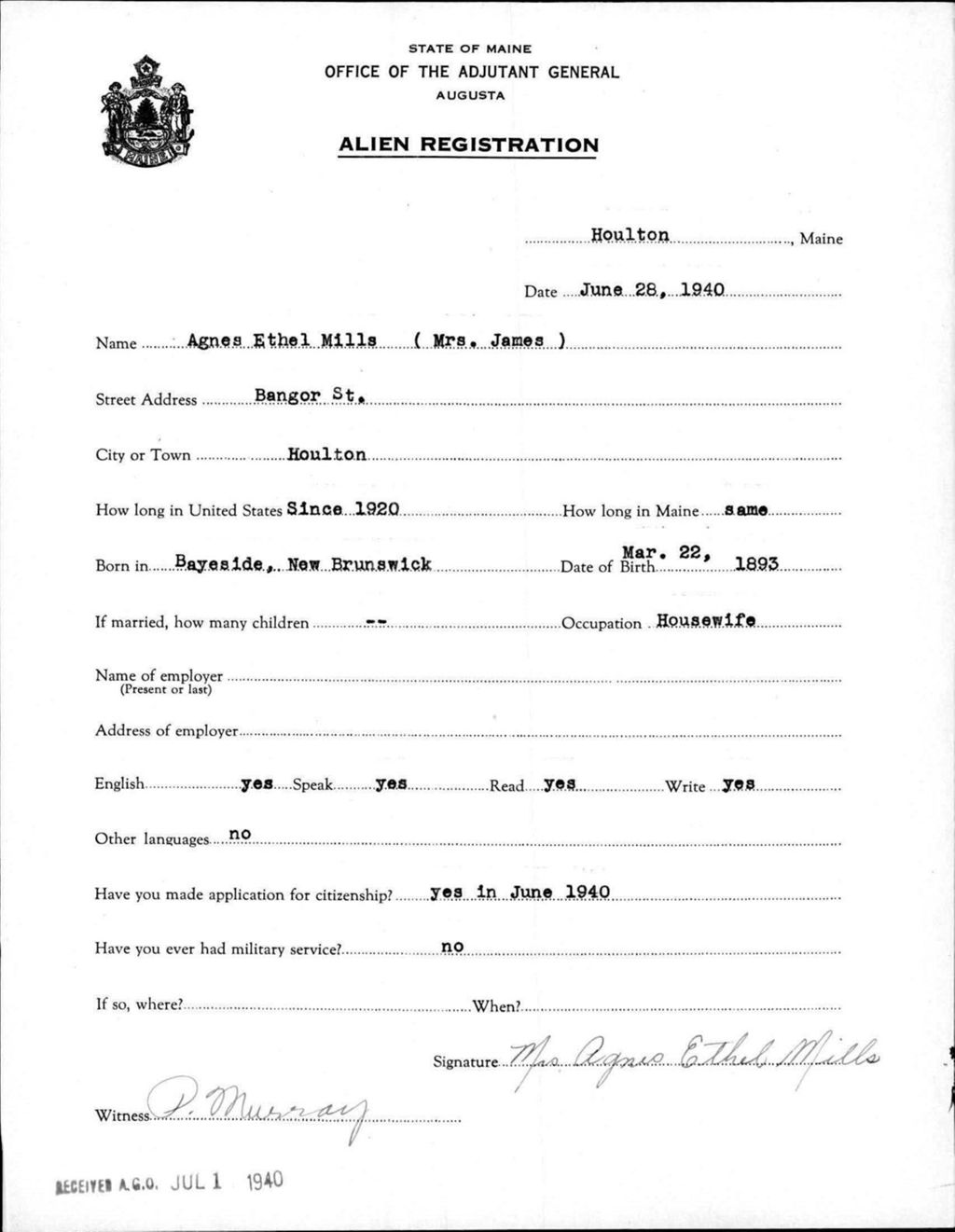 Miniature of Alien Registration- Mills, Agnes E. (Houlton, Aroostook County)