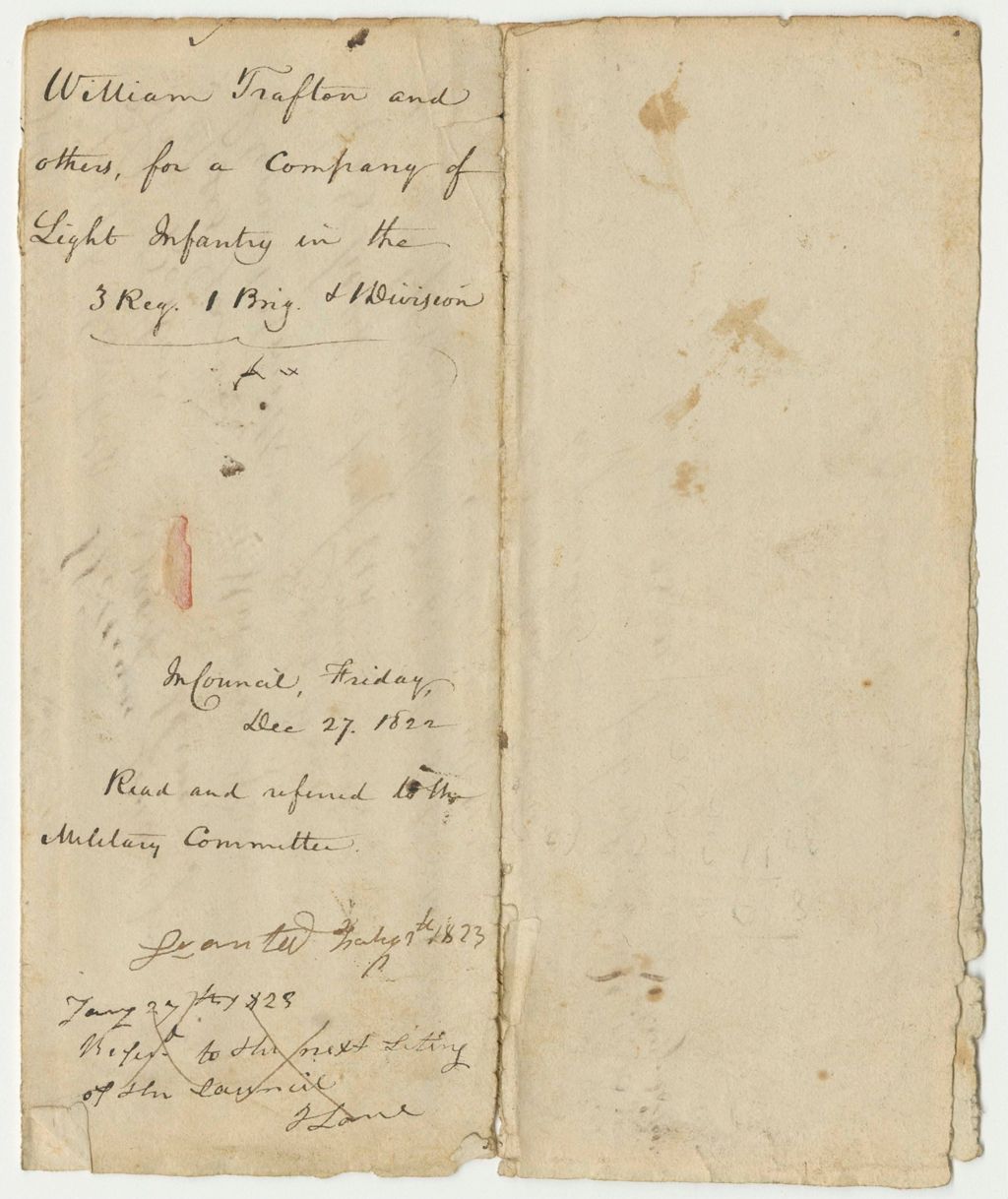 Miniature of Petition of William Trafton and others, for a Company of Light Infrantry in the 2R.1B.1D.