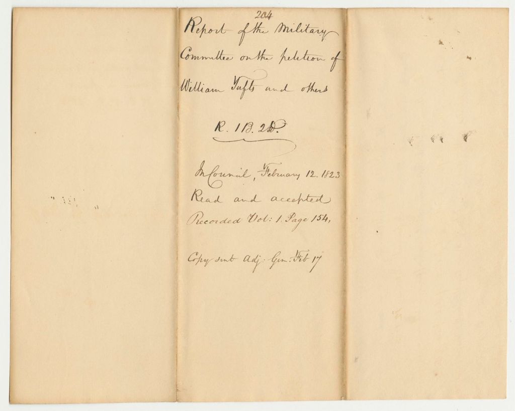 Miniature of Report 204: Report of the Military Committee on the Petition of William Tufts and others