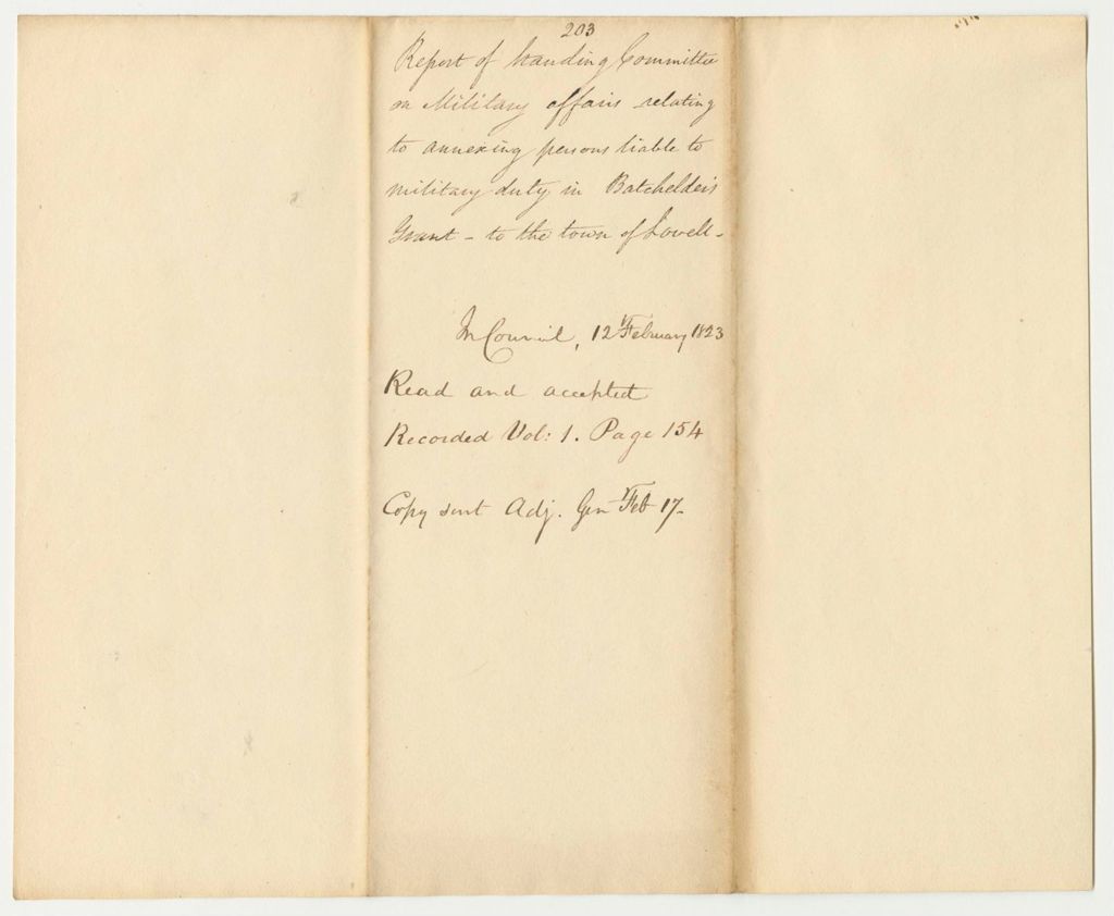 Miniature of Report 203: Report of Standing Committee on Military Affairs relating to annexing persons liable to military duty in Batchelder's Grant to the town of Lovell