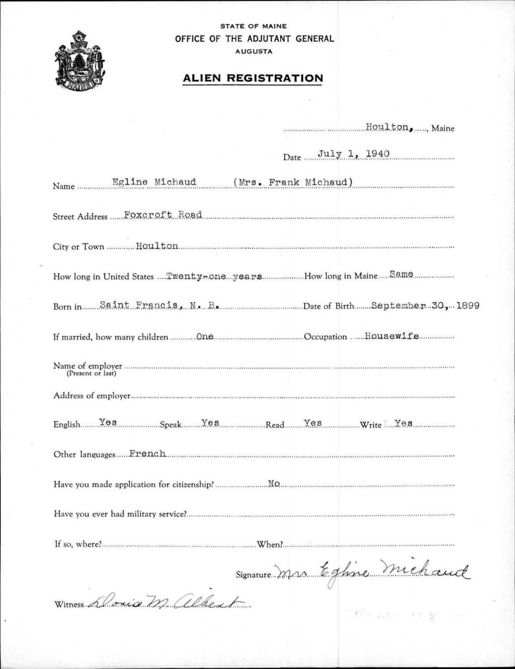 Miniature of Alien Registration- Michaud, Egline (Houlton, Aroostook County)