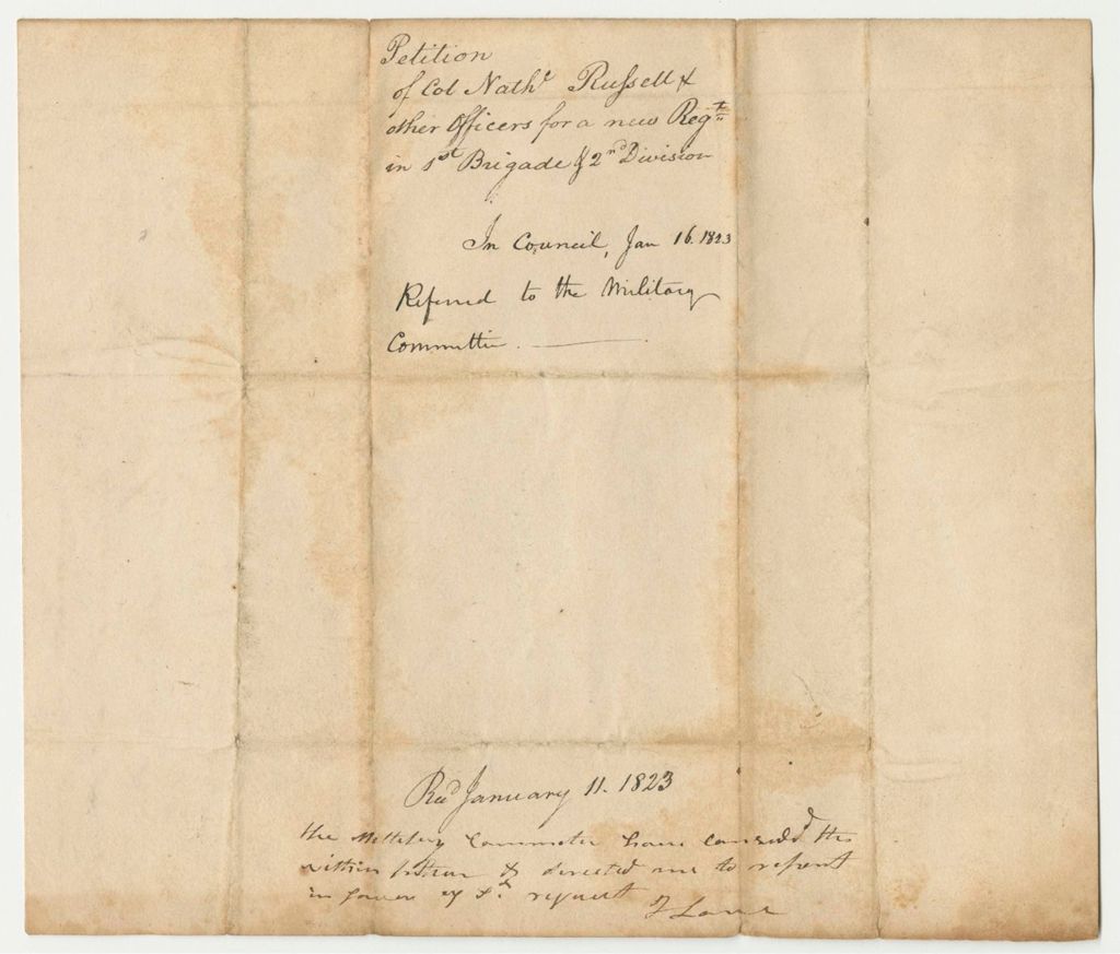 Miniature of Petition of Colonel Nathaniel Russell and others for a new Regiment in the 1st Brigade 2nd Division