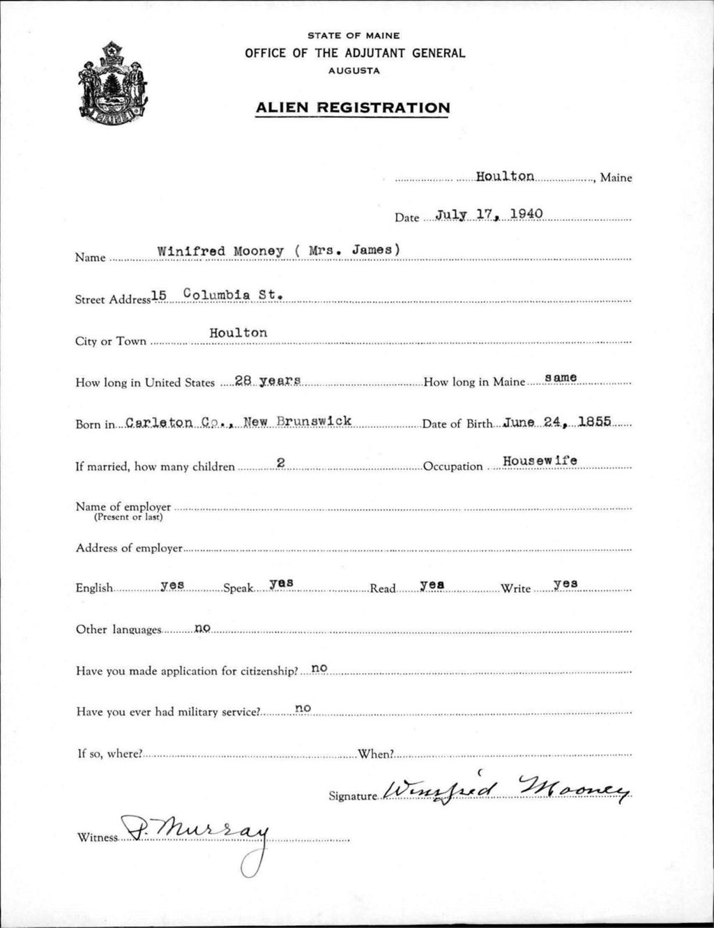 Miniature of Alien Registration- Mooney, Winifred (Houlton, Aroostook County)