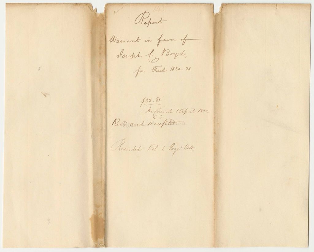 Miniature of Report 145: Report on Warrant in Favor of Joseph C.Boyd for Fuel 1820-1821