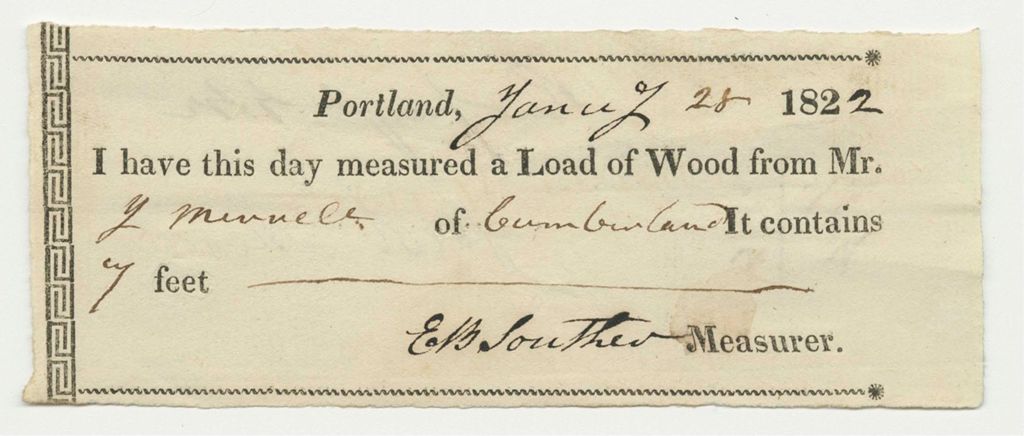 Miniature of E.B. Souther Receipt for Wood Measurements for Jacob Merrell