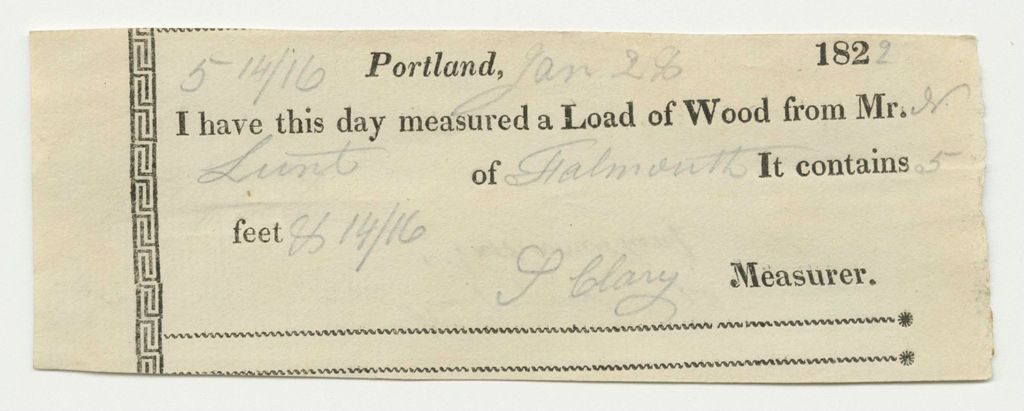Miniature of S. Clary Receipt for Wood Measurements for Nathaniel Lunt