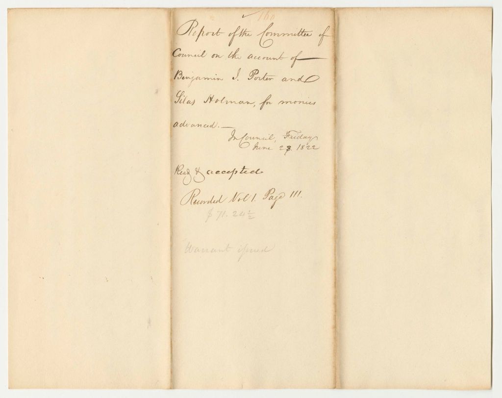 Miniature of Report 160: Report of the Committee of Council on the Account of Benjamin S. Porter and Lilas Holman for Monies Advanced