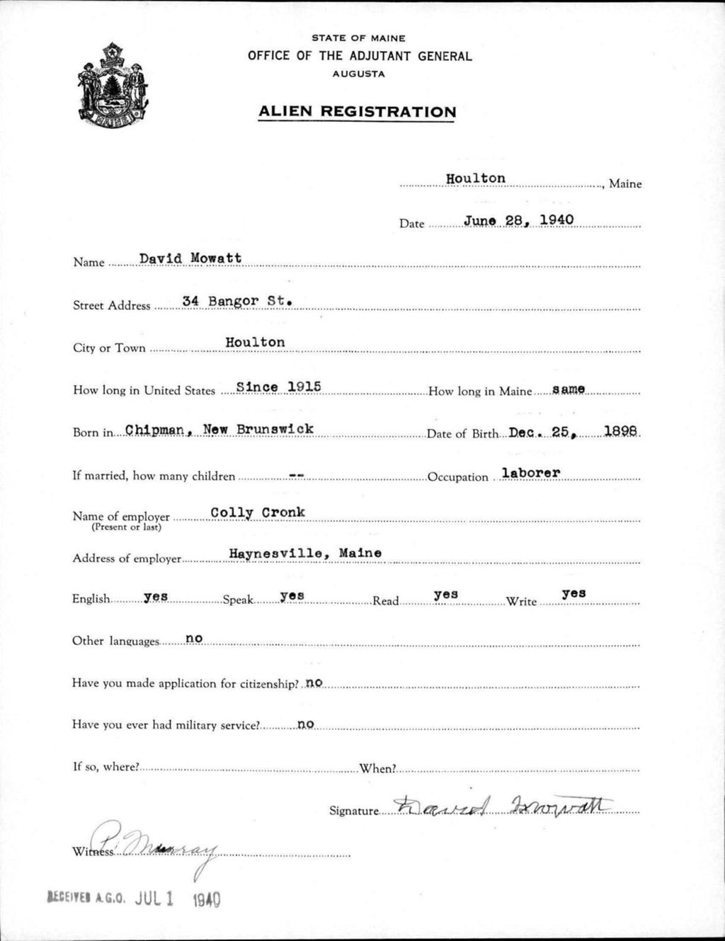 Miniature of Alien Registration- Mowatt, David (Houlton, Aroostook County)