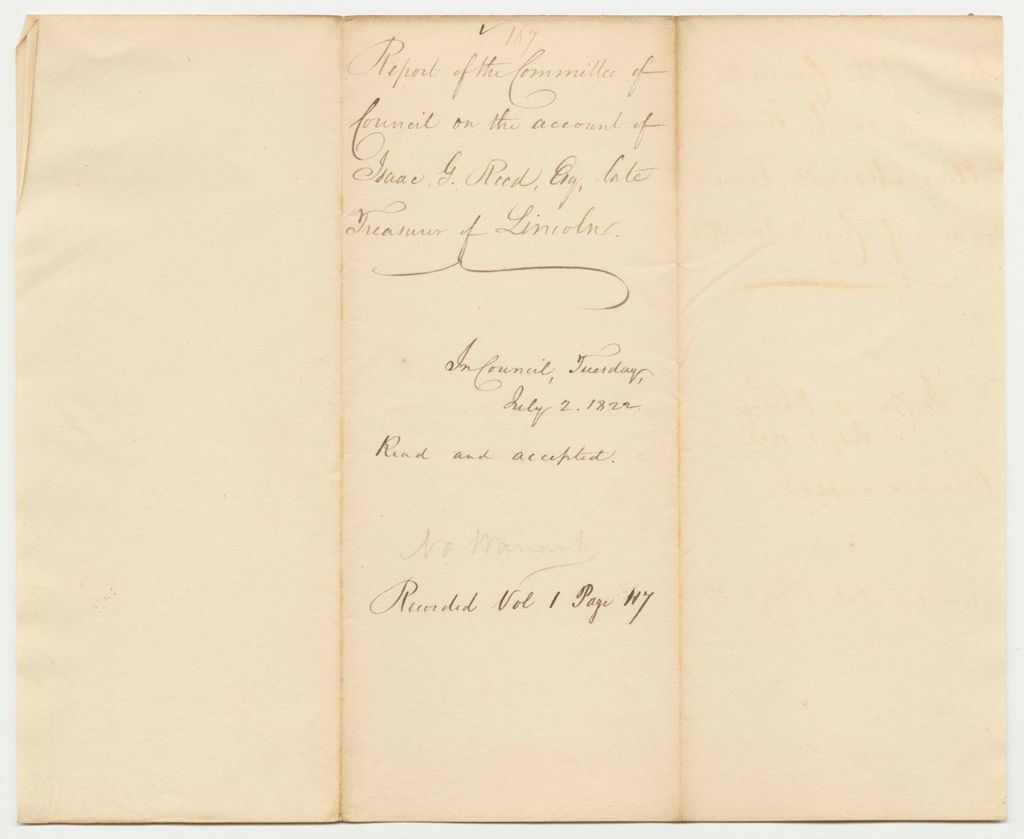 Miniature of Report 167: Report of the Committee of Council on the Account of Isaac G. Reed Esq., Late Treasurer of Lincoln