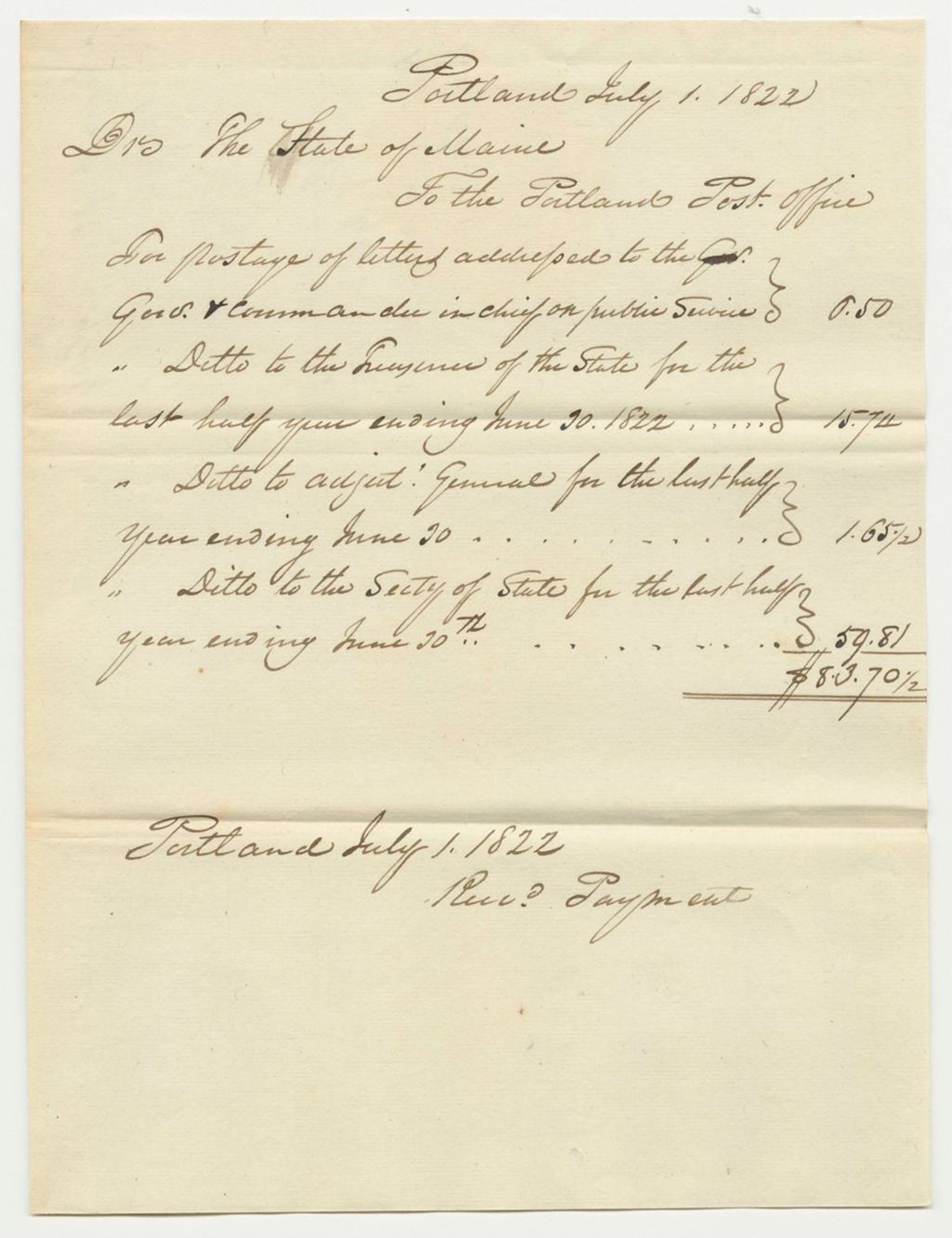 Miniature of Account of Robert Ilsley for Postage at the Portland Post-Office