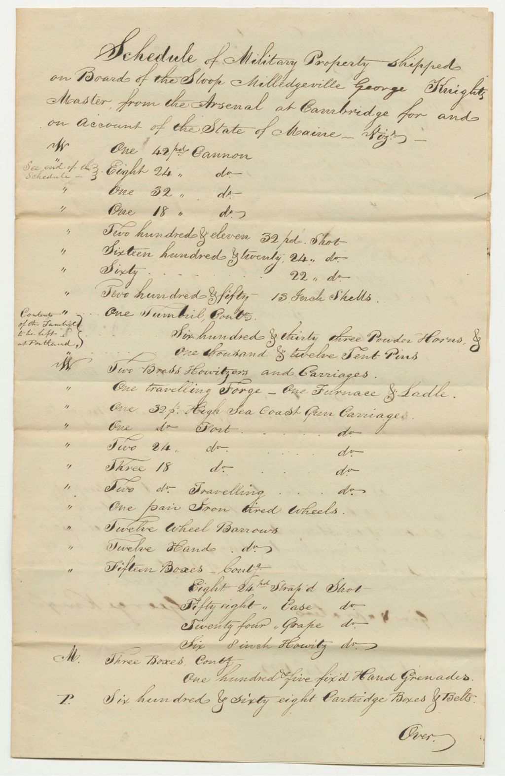 Miniature of Schedule of Military Property Shipped on Board of the Sloop Milledgeville George Knights Master from the Arsenal at Cambridge for and on Account of the State of Maine