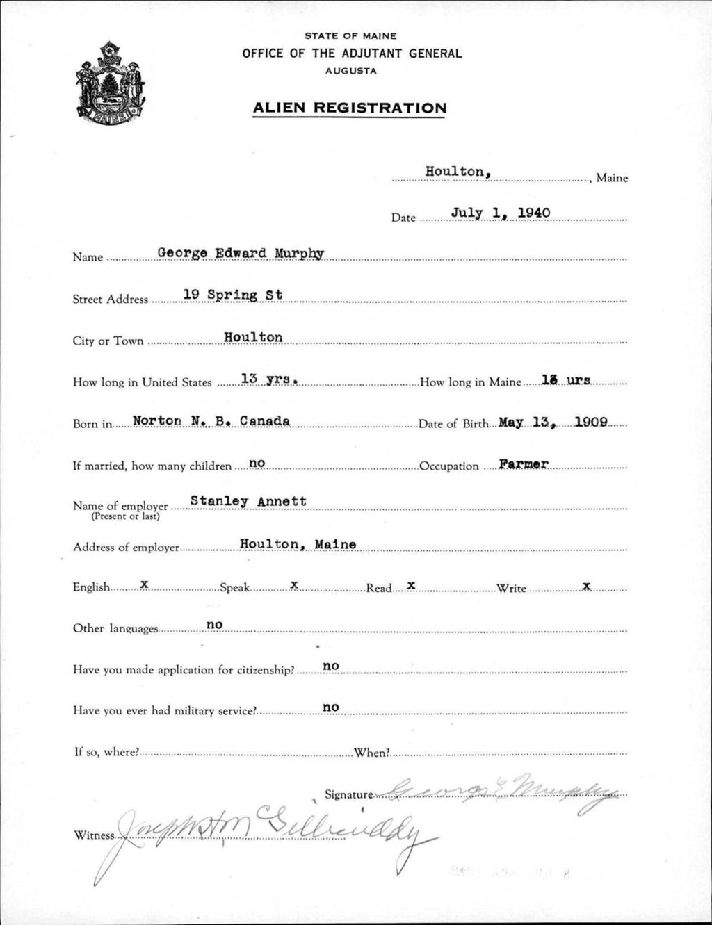 Miniature of Alien Registration- Murphy, George E. (Houlton, Aroostook County)