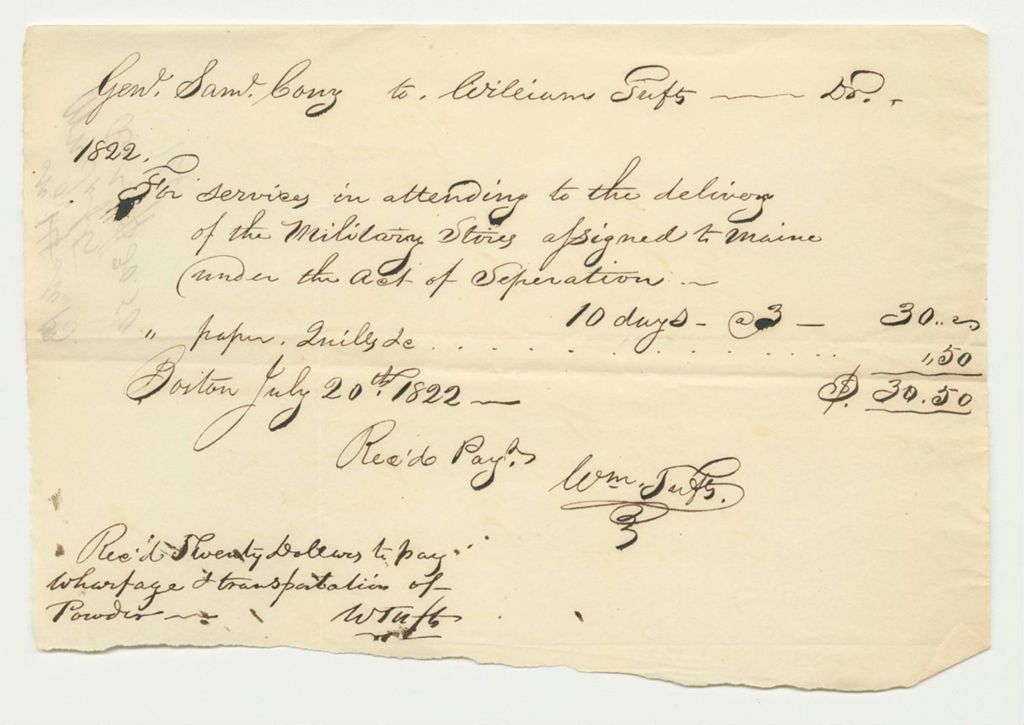 Miniature of Receipt No. 13 for William Tufts for 10 Days Work