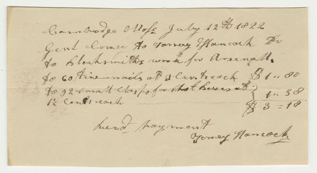Miniature of Receipt for George Hancock for Blacksmith Work