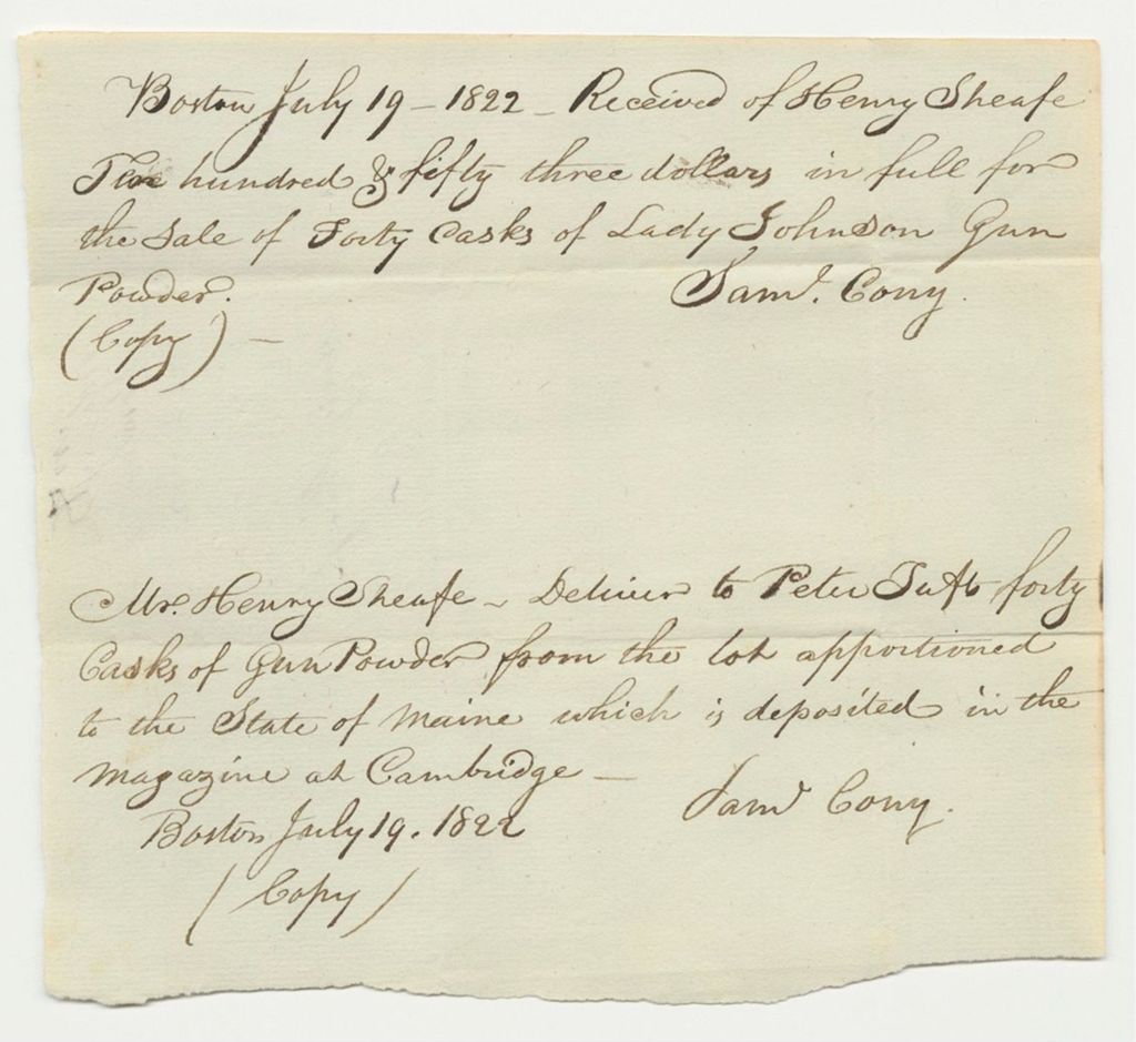 Miniature of Receipt No. 8 for Henry Sheafe for Gun Powder
