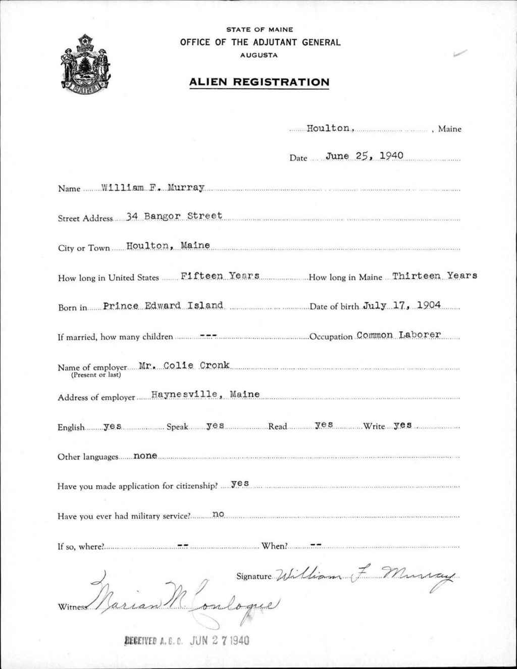 Miniature of Alien Registration- Murray, William F. (Houlton, Aroostook County)
