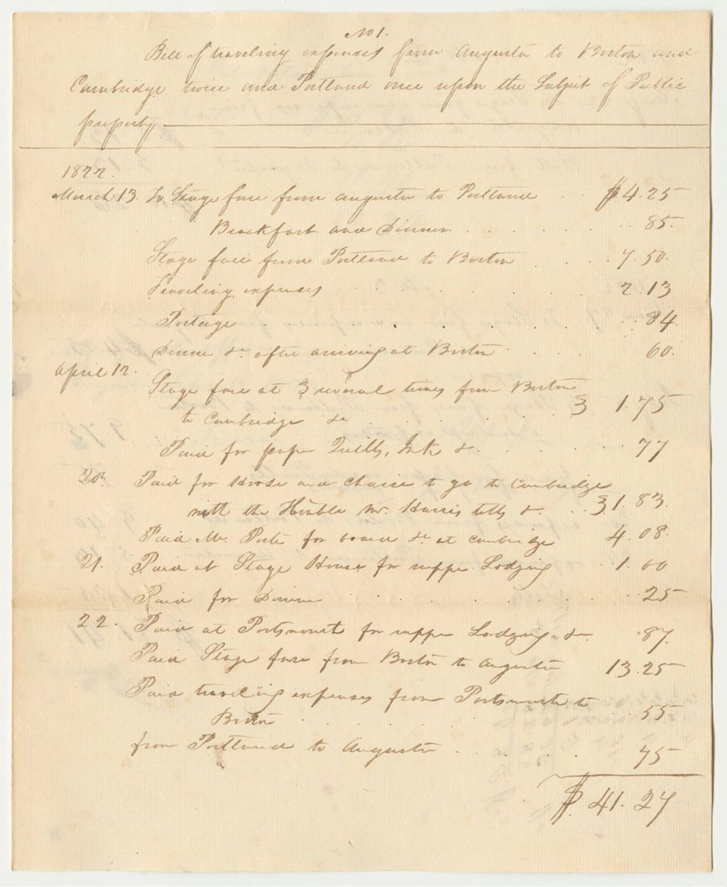 Miniature of Bill of Traveling Expenses from Augusta to Briton and Cambridge Twice and Portland Once Upon the Subject of Public Property