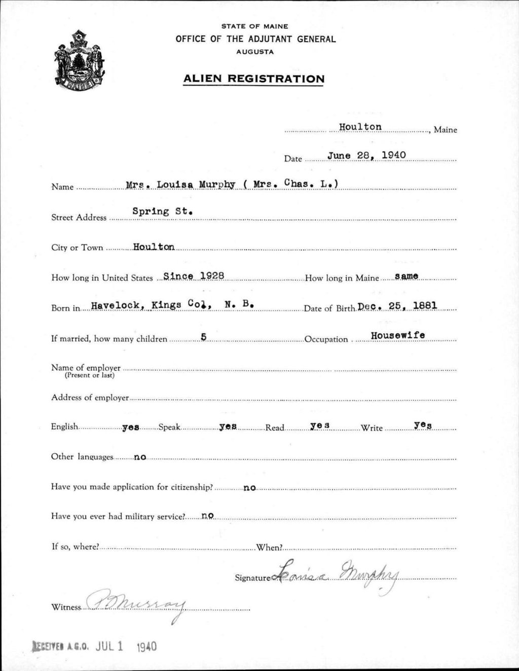 Miniature of Alien Registration- Murphy, Louisa (Houlton, Aroostook County)