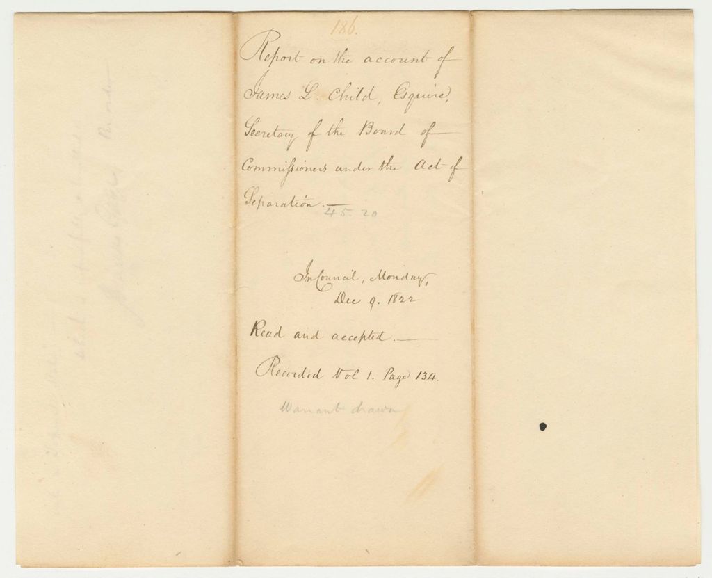 Miniature of Report 186: Report on the Account of James L. Child Esq., Secretary of the Board of Commissioners Under the Act of Separation