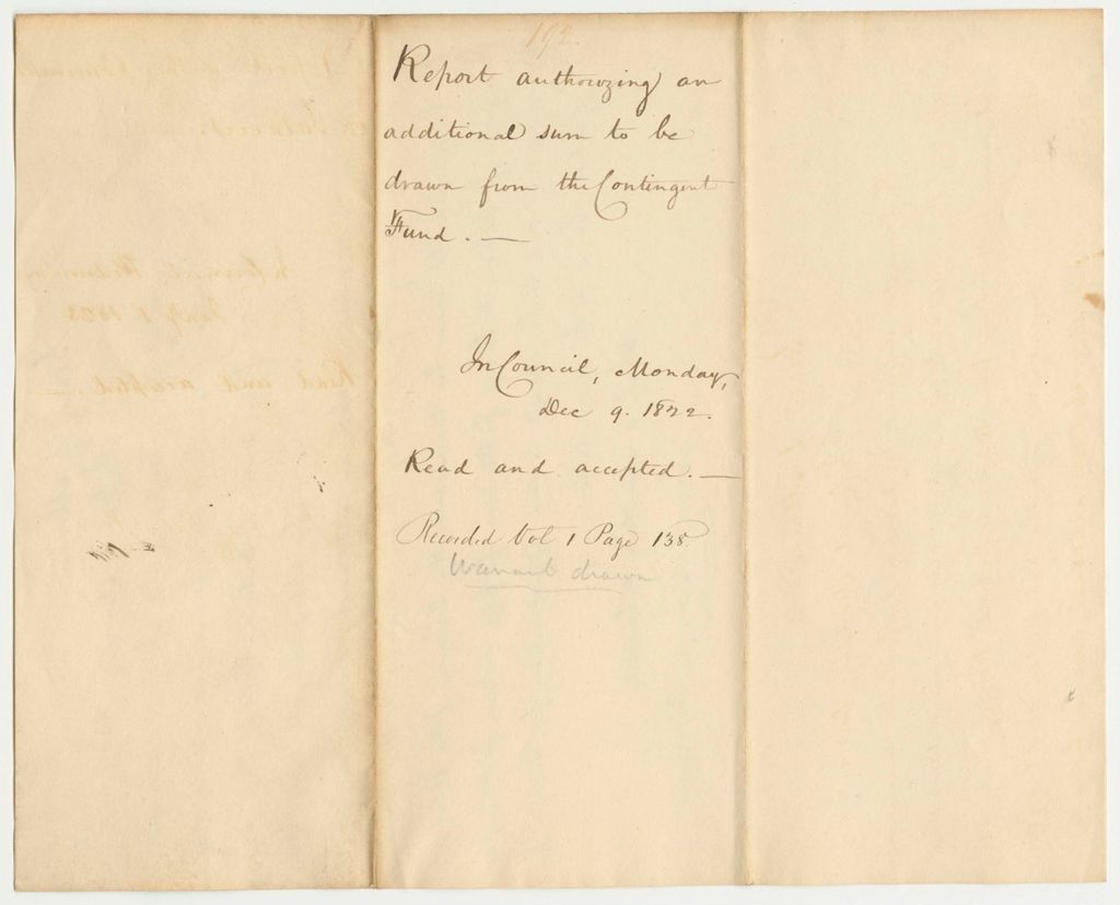 Miniature of Report 192: Report Authorizing an Additional Sum to Be Drawn from the Contingent Fund
