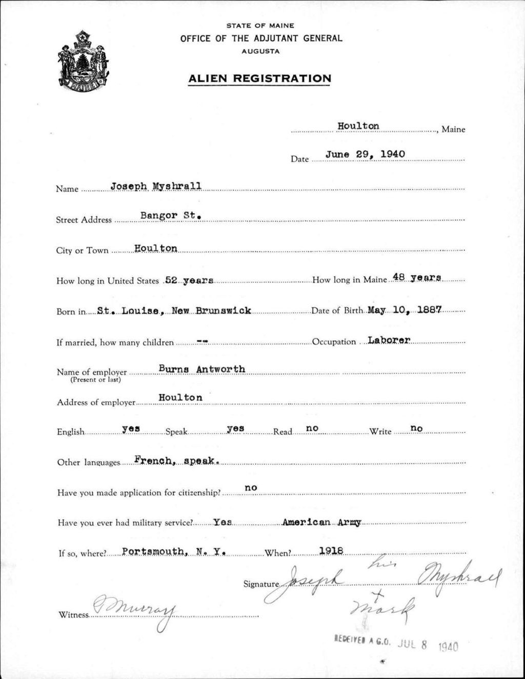 Miniature of Alien Registration- Myshrall, Joseph (Houlton, Aroostook County)