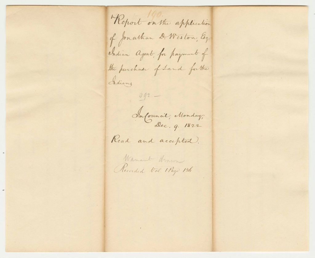 Miniature of Report 190: Report on the Application of Jonathon D. Weston Esq., Indian Agent for Payment of the Purchase of Land for the Passamaquoddy Indians