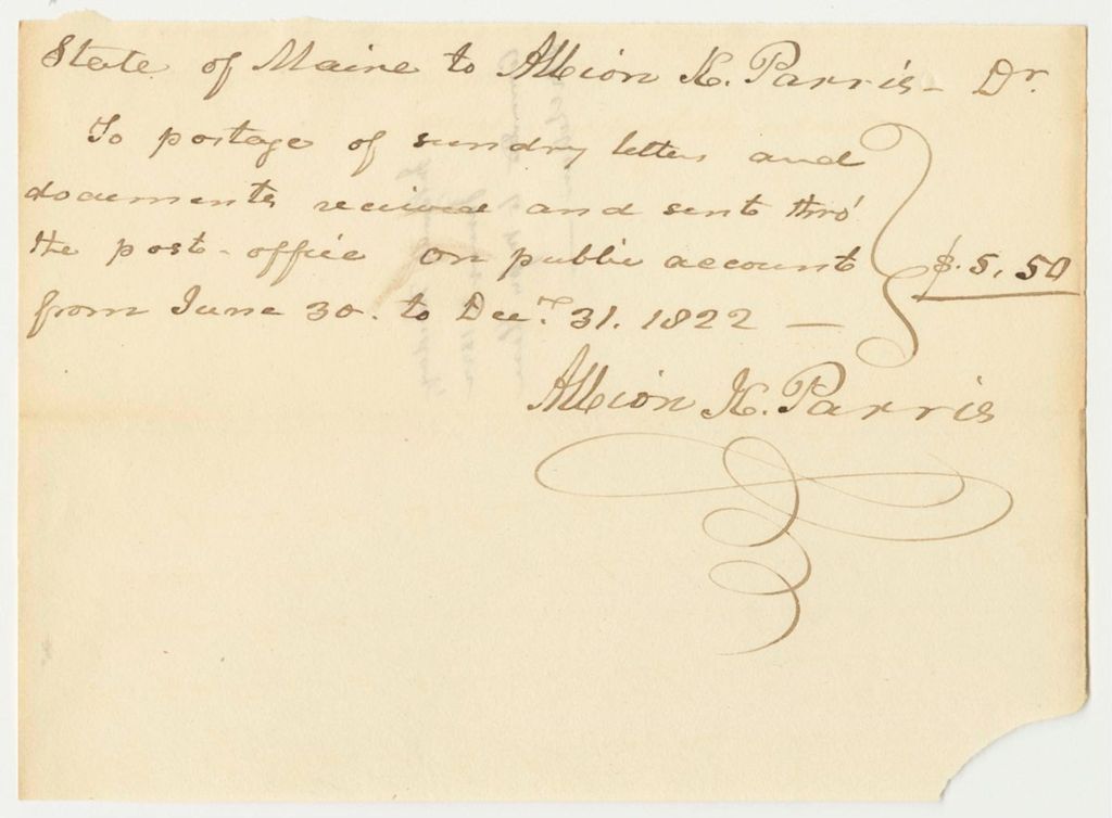 Miniature of State of Maine Receipt for Albion K. Paris
