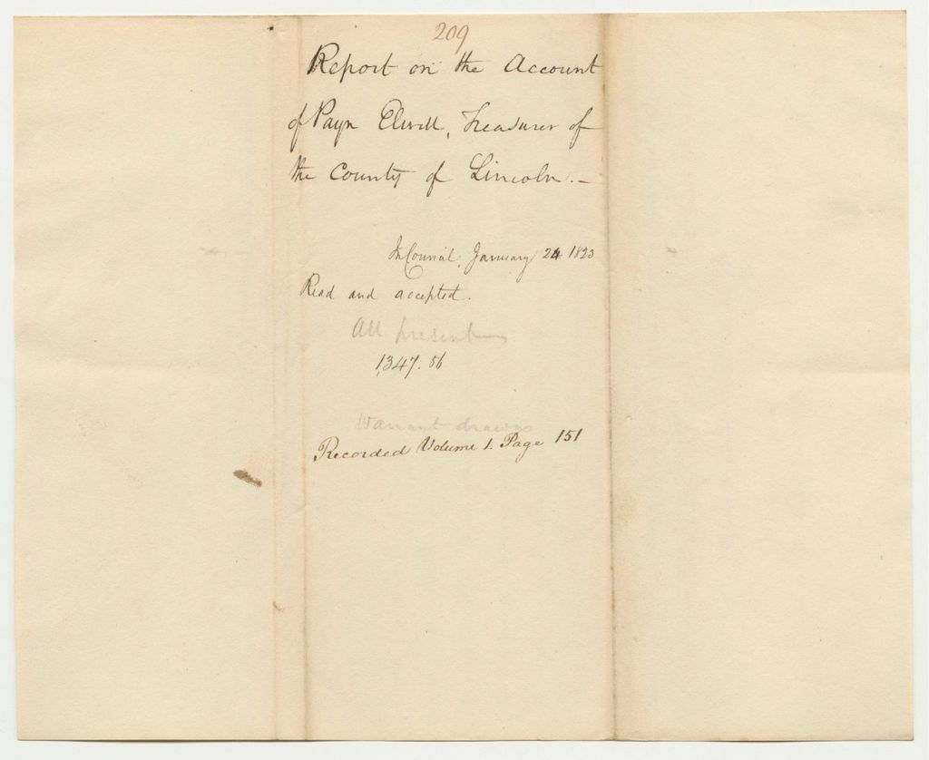 Miniature of Report 209: Report on the Account of Payn Elwell Treasurer of Lincoln County