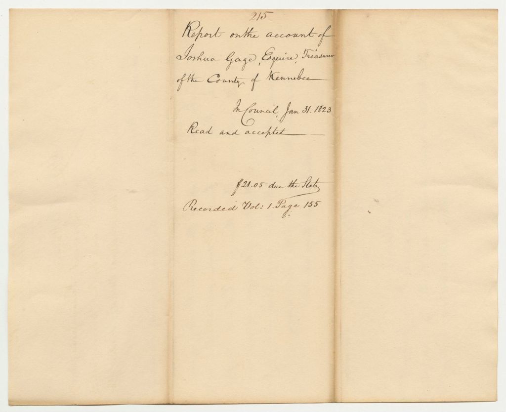 Miniature of Report 215: Report on the Account of Joshua Gage, Esq., Treasurer of the County of Kennebec