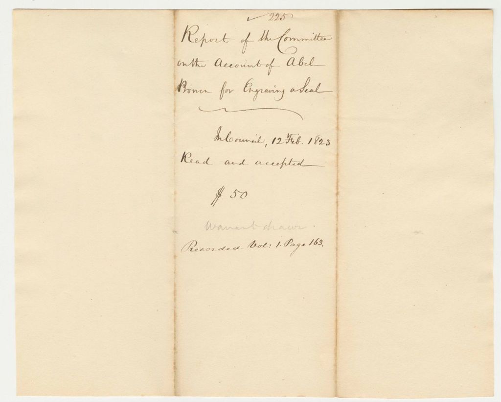 Miniature of Report 225: Report of the Committee on the Account of Abel Bowen for Engraving a Seal