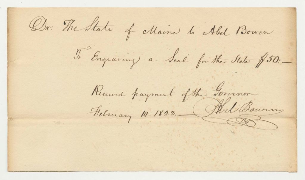 Miniature of State of Maine Receipt for Abel Bowen for Engraving a Seal for the State