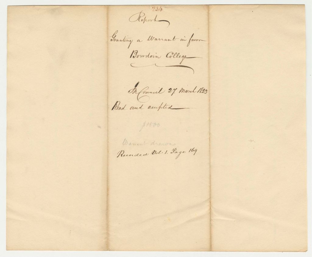 Miniature of Report 234: Report Granting a Warrant in Favor of Bowdoin College