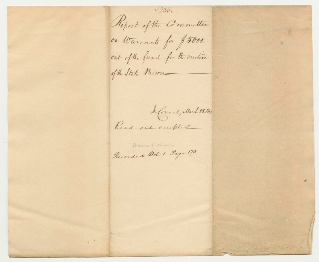 Miniature of Report 235: Report of the Committee on Warrants for $5000 out of the Fund for the Erection of the State Prison