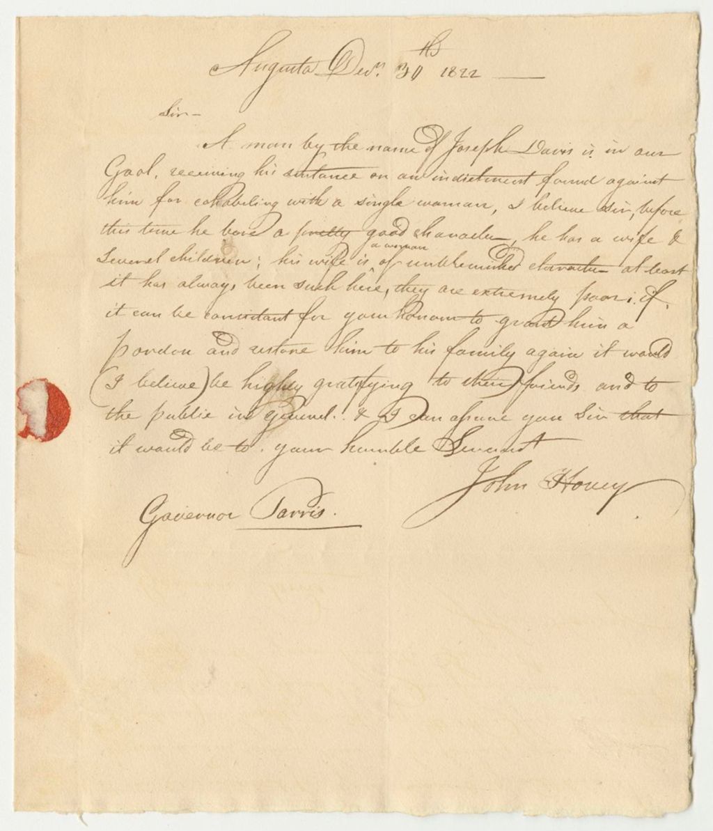 Miniature of Letter from John Houey Advocating for a Pardon for Joseph Davis