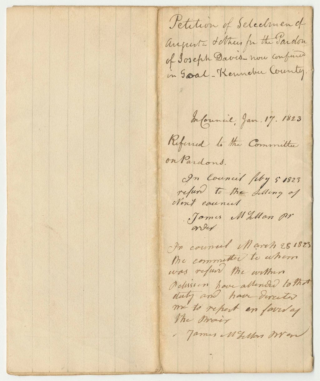 Miniature of Petition of Selectmen of Augusta and others for the Pardon of Joseph Davis Now Confined in Goal - Kennebec County