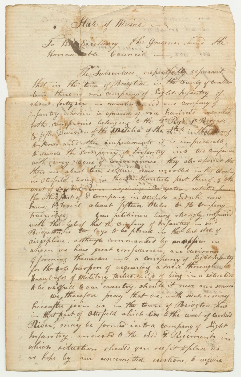 Miniature of Petition of James Sanborn and others for a Light Infantry in the Town of Bridgton