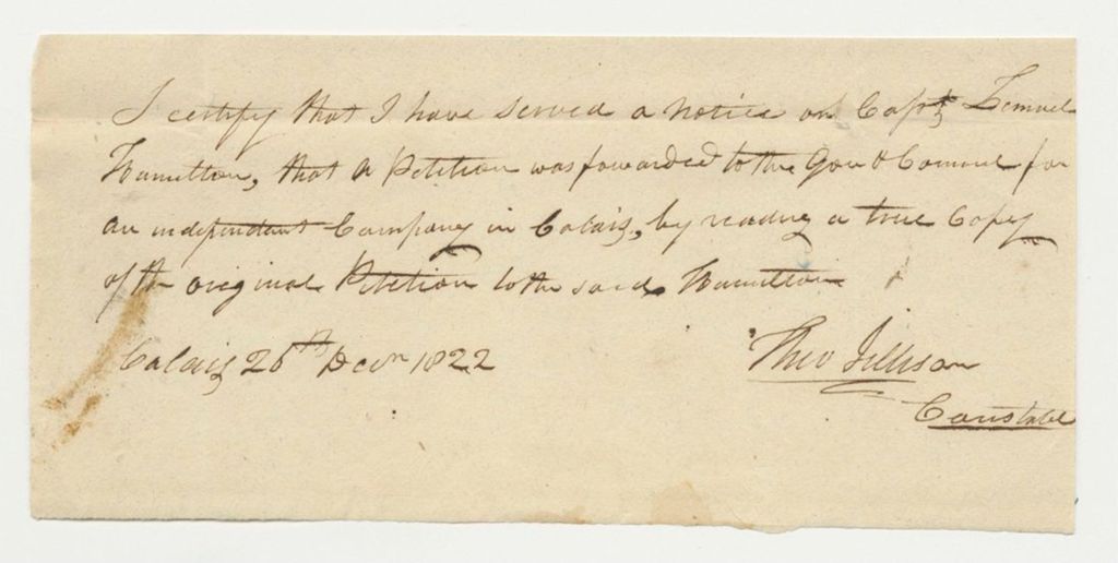Miniature of Certification of Theo Jelllison That He Served a Notice on Capt. Samuel Hamilton That a Petition Was Forwarded to the Governor for an Independed Company in Calais