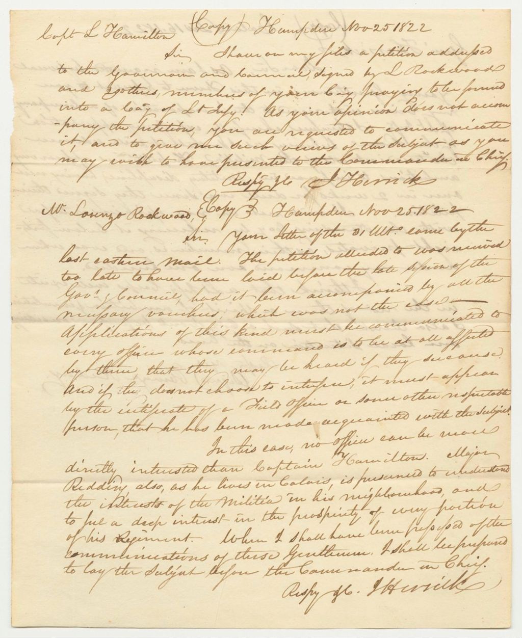 Miniature of Copies of Letters from Jedidiah Herrick Regarding the Petition of Lorenzo Rockwood