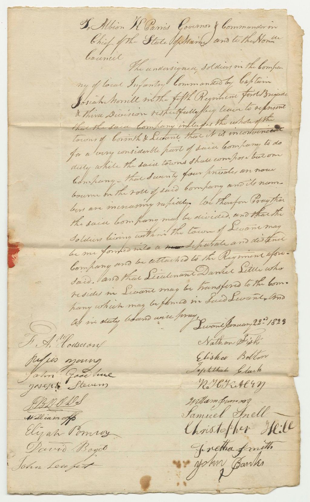 Miniature of Petition of Nathan Fisk andothers for the Division of the Company in the Towns of Levant and Corinth