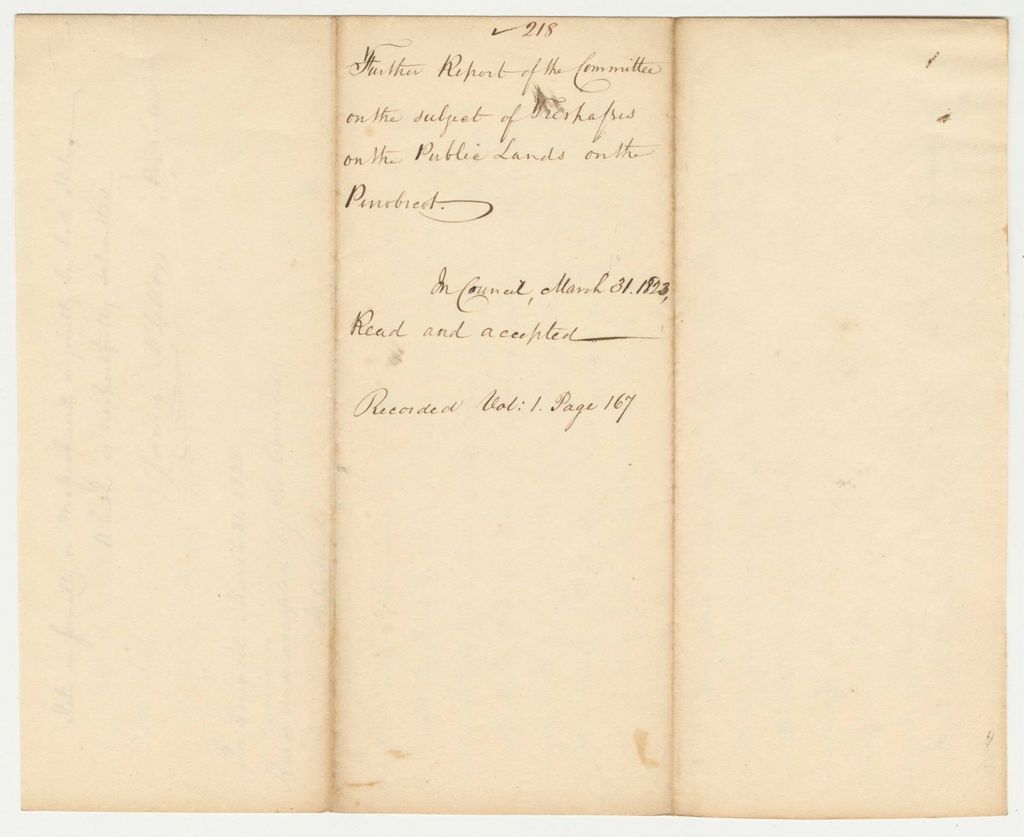 Miniature of Report 218: Further Report on the Subject of Tresspass on the Public Lands of Penobscot