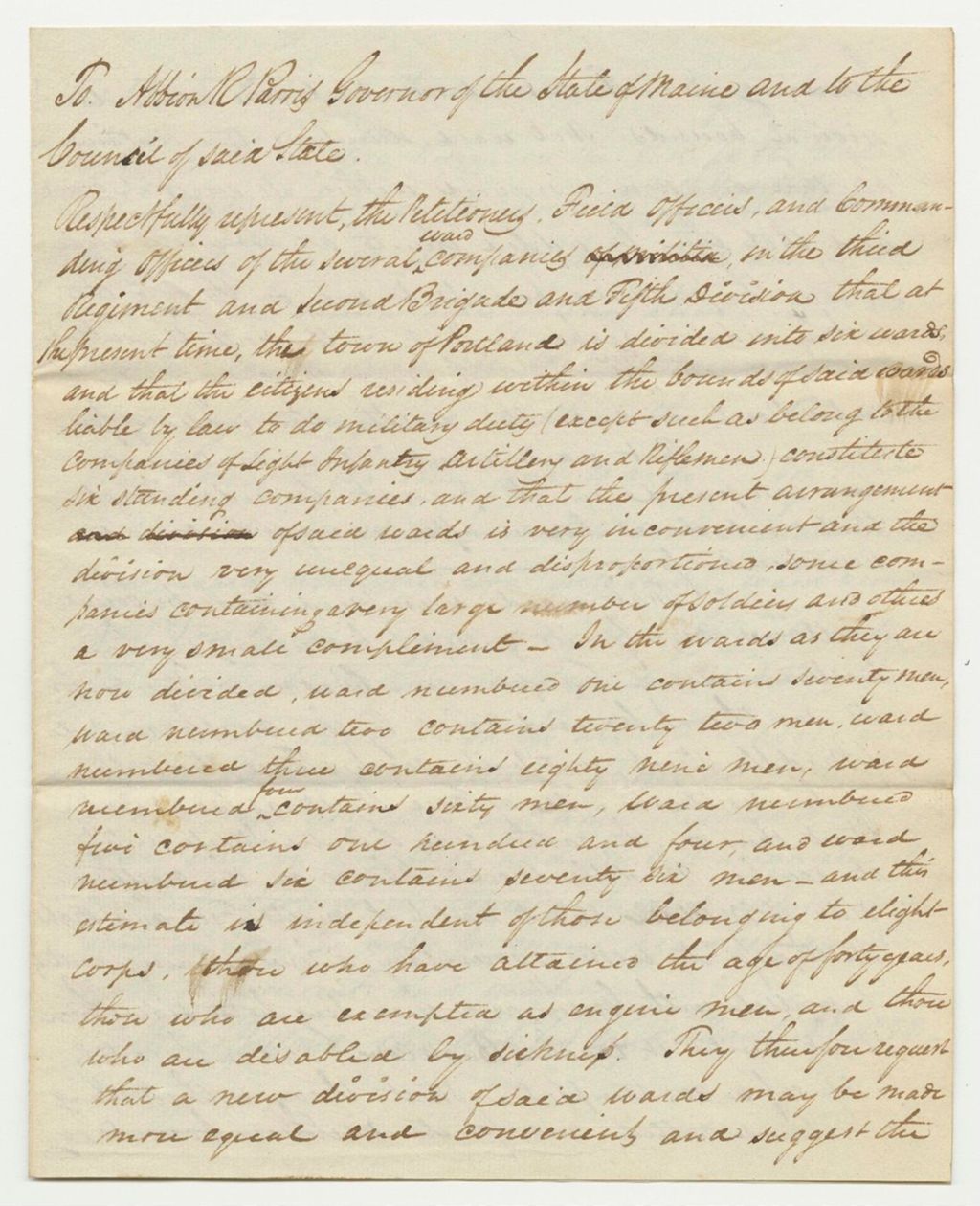 Miniature of Petition of Field Officers and Commanding Officers of the Several Companies to Alter the Lines of the Ward Militia Companies in Portland
