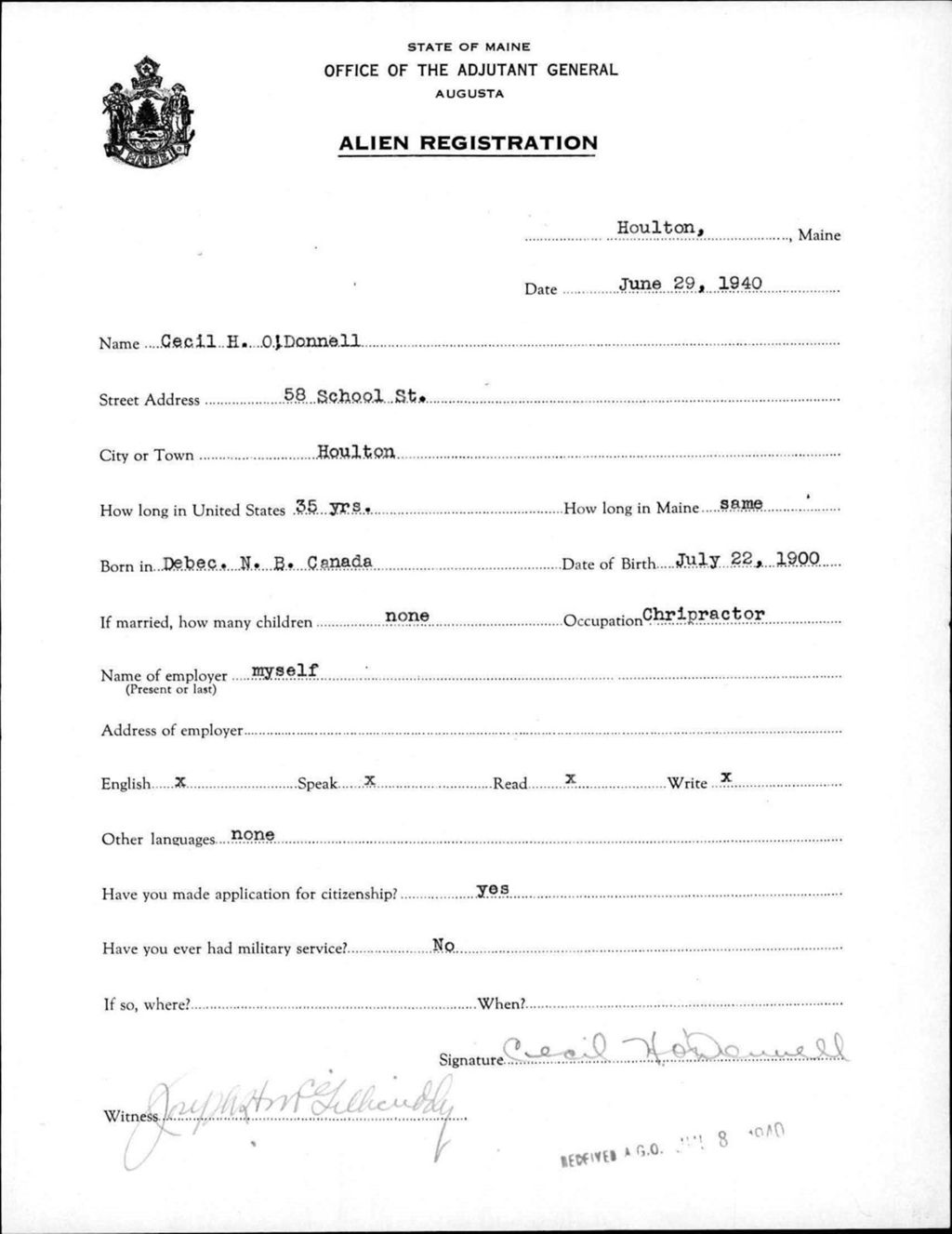Miniature of Alien Registration- Odonnell, Cecil H. (Houlton, Aroostook County)
