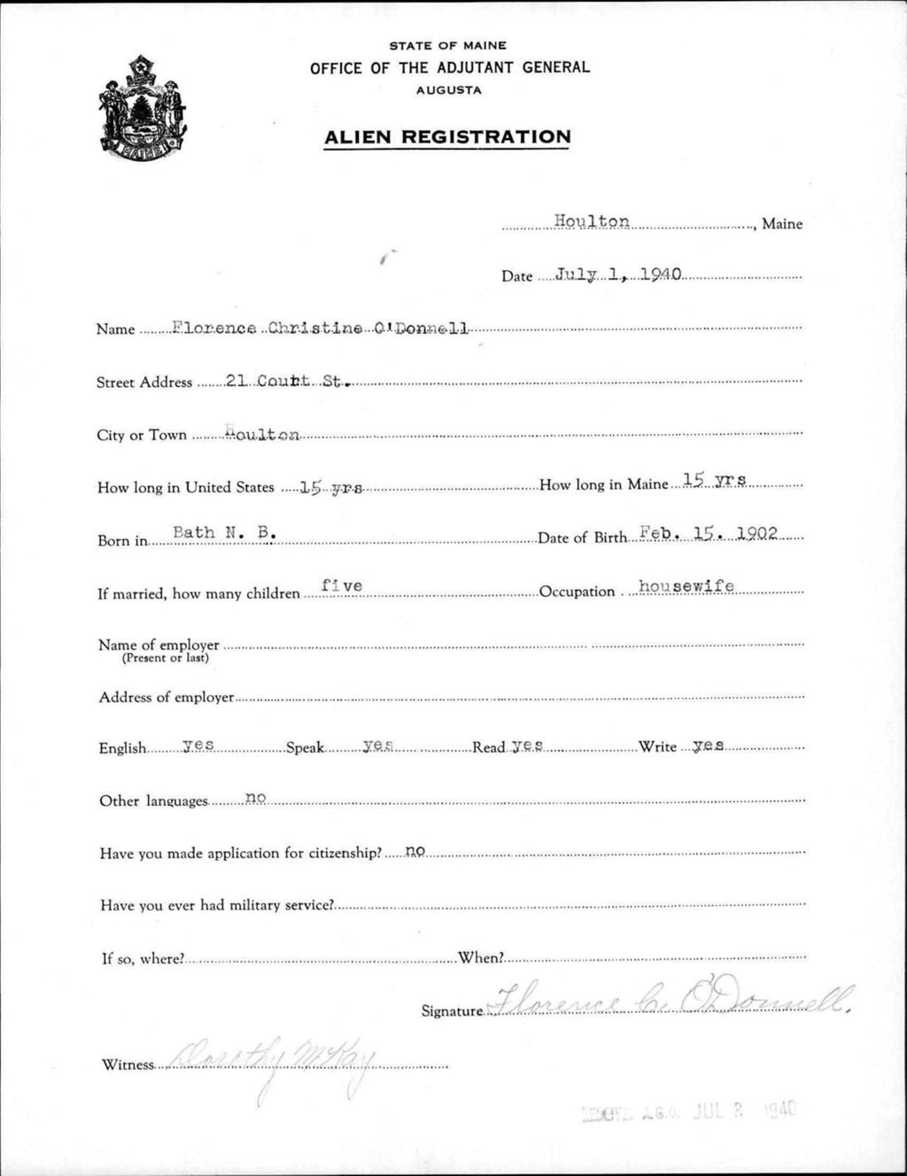 Miniature of Alien Registration- Odonnell, Florence C. (Houlton, Aroostook County)