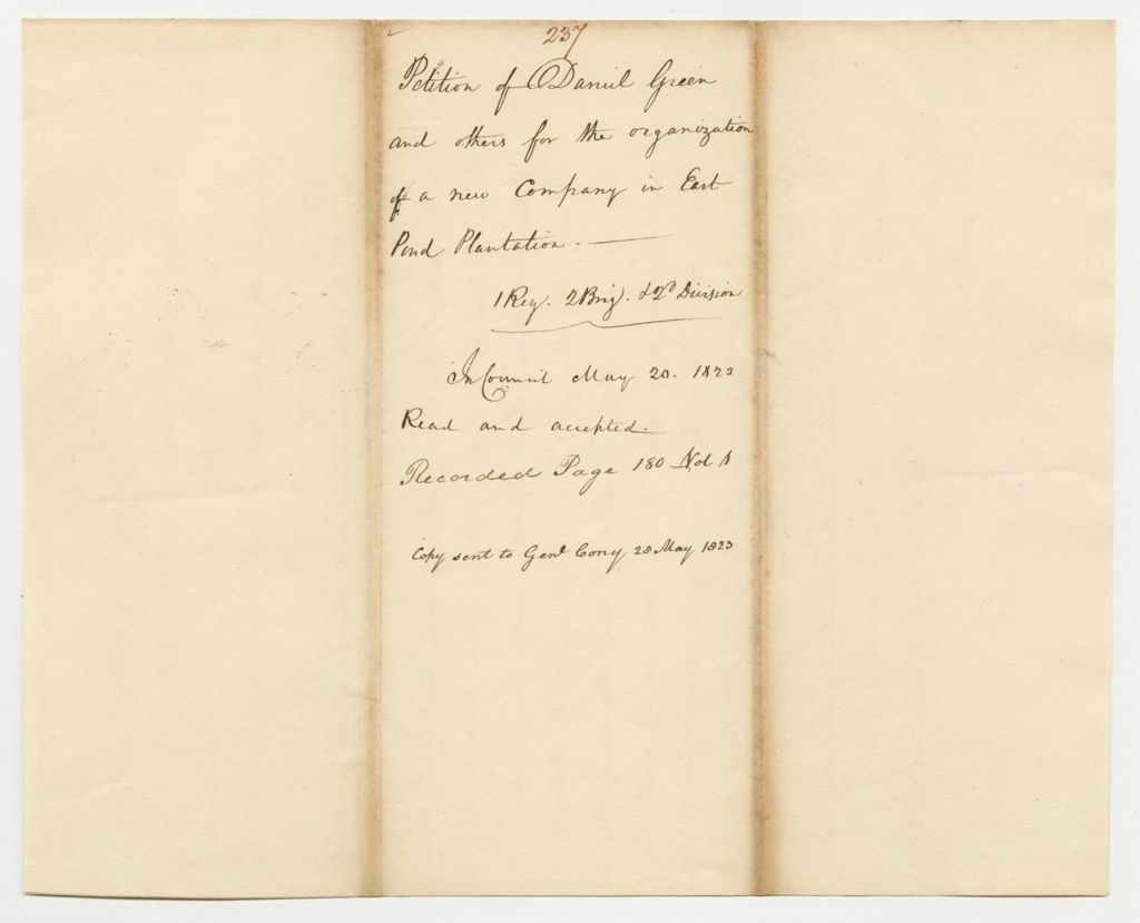 Miniature of Report 237: Report on the Petition of Daniel Green and others for the Organization of a New Company in East Pond Plantation