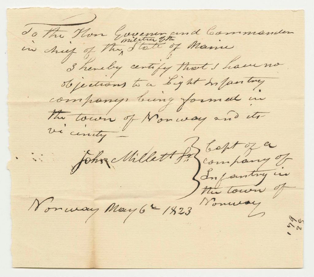Miniature of Letter from John Millett in Favor of the Formation of a Light Infantry Company