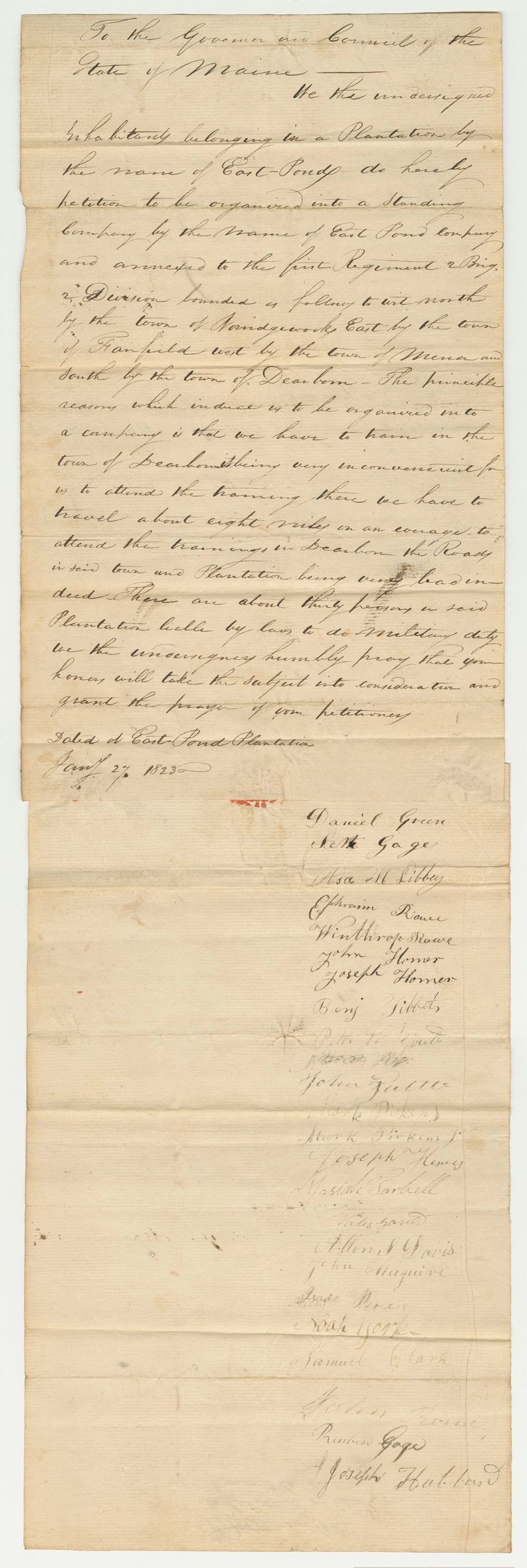 Miniature of Petition of the Inhabitants of East Pond Plantation for a Standing Company