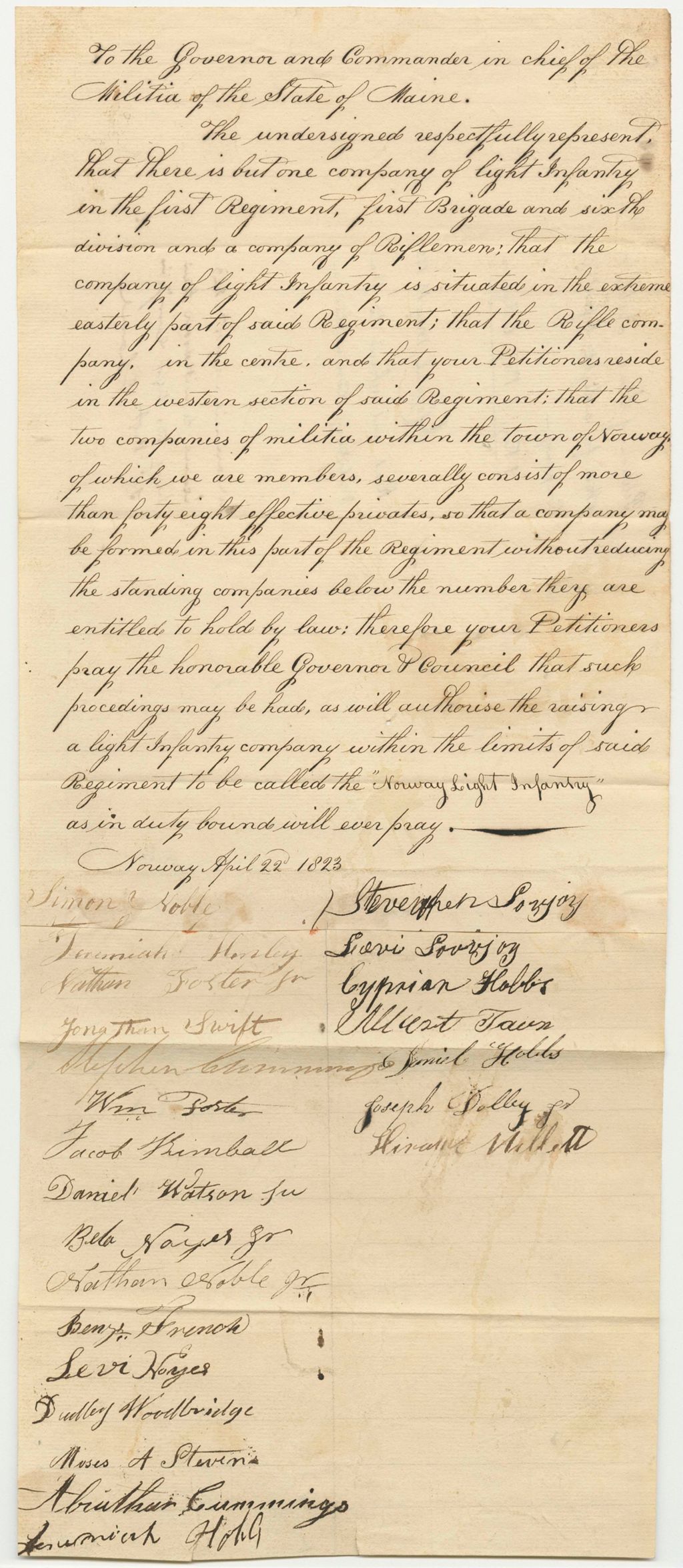 Miniature of Petition of Simon Noble and others for a Light Infantry Company