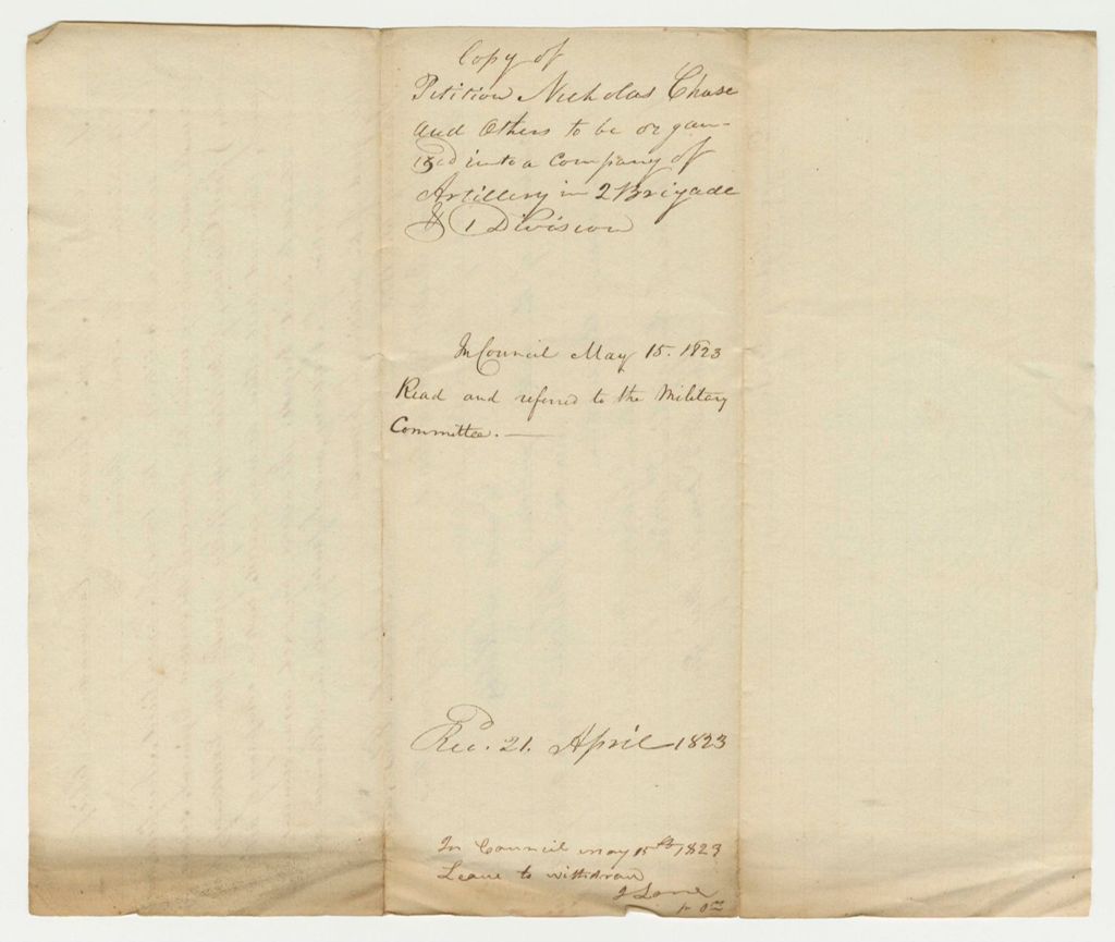 Miniature of Copy of Petition of Nicholas Chase and others to be Organized into a Company of Artillery